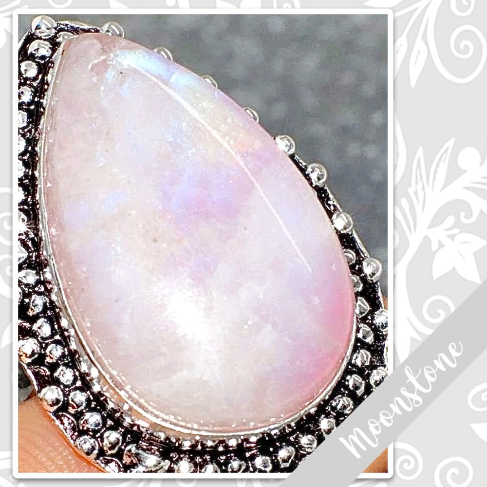 Rainbow Moonstone Silver Artisan Ring, Size 8 (Pearl White, Pink, Purple flash) - Picture 2 of 2